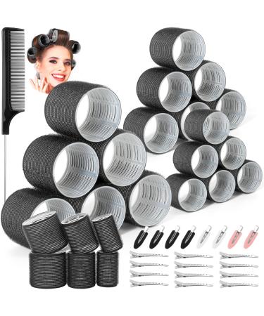Thrilez 39PCS Hair Curlers Rollers with Clips Black Hair Roller with 3 Sizes 64mm 44mm 33mm Jumbo Hair Roller with 12PCS Duckbill Clips Hair Rollers for Long Medium Short Thick Fine Volume Bangs Hair