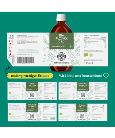 Nature Love Bio MCT Oil C8 - 500ml | 100% Organic Coconut Oil for Keto Diet | Taste & Odor-Neutral | Vegan Exogenous Ketone - Buy Online on GoSupps.com