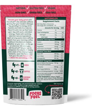 Buy Energy Chews - Focus & Energy Gummies with 100mg Caffeine B12 & Electrolytes - All-Natural Watermelon Flavor (30 Chews) - International Shipping Available - Buy Online on GoSupps.com