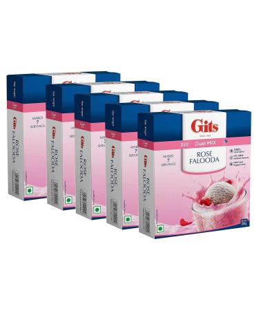 Gits Falooda Mix Rose Drink Mix 200g - Delicious Beverage-Cum-Dessert with Vermicelli Sweet Basil (Sabja Seeds) and Rose Flavour - Ready in 3 Easy Steps Drink Mix Makes 7 Servings (Pack of 5)