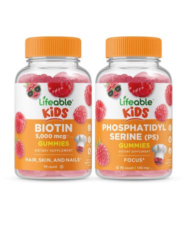 Lifeable Biotin Kids + Phosphatidylserine (PS) Kids Gummies Bundle - Great Tasting Vitamin Supplement Gluten Free GMO Free Chewable Gummy