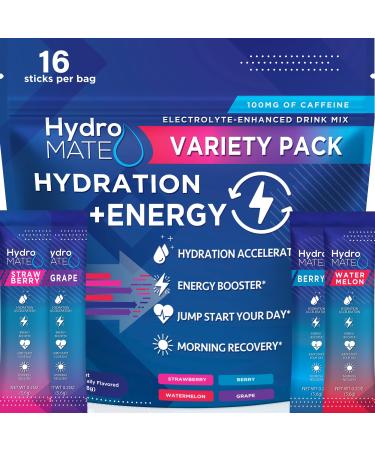 HydroMATE Electrolytes Powder Drink Mix Packets Hydration Accelerator Low Sugar Party Favors for Rapid Recovery Vitamin C Plus Caffeine Variety Pack 16 Sticks Variety Pack 16 Count (Pack of 1)