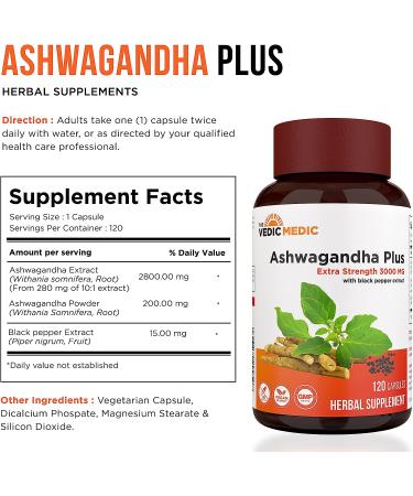 Organic Ashwagandha Capsules 3000mg with Black Pepper Extract - GMP Certified - 120 ct - Natural Supplement - Buy Online on GoSupps.com