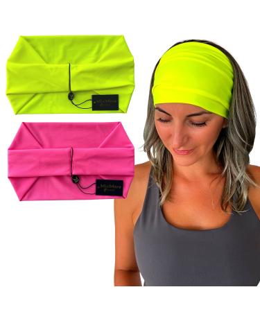 Workout Headbands for Women Sweat Wicking - Perfect for Yoga Pilates Gym or Running - Made from Premium Soft Stretchy and Cooling Yoga Fabric - Extra Wide Solid Colors Sweatbands for Women Head Fit Pink / Fluorescent Yel...
