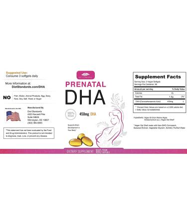 Diet Standards Vegetarian Prenatal DHA - 100% Plant Based Omega 3 Vegan DHA for Prenatal Health - 180 Count - Buy Online on GoSupps.com