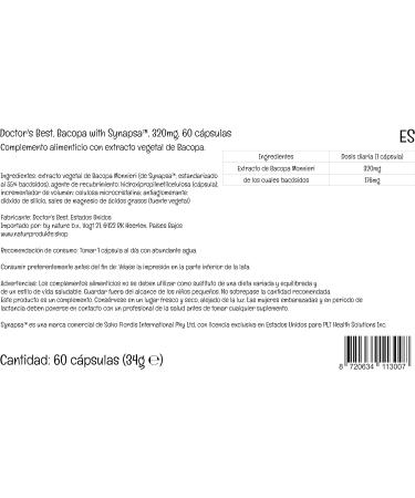 Doctor's Best Bacopa Synapsa Extract 320mg 60 Vegan Capsules | Lab Tested Gluten-Free Non-GMO | Vegetarian - Buy Online on GoSupps.com