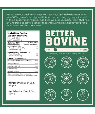 BETTER BOVINE Grass Fed Extra Lean Beef Jerky Keto Paleo Low Carb High Protein Gluten Free Sugar Free Non-GMO Nitrate Free Preservative Free No Antibiotics No Added Hormones 30g Protein 0g Carbs 130 Calories Salt and Pepper 5 Pack - Buy Online on GoSupps.com