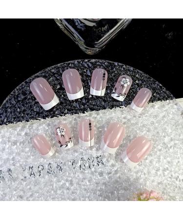 Justotry 24 Pcs Square White French Flower Press on Nails with Leaf Pattern - Medium Glossy Squoval Fake Nails for Women | Nail Glue Included - Buy Online on GoSupps.com