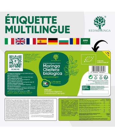 90 Organic Moringa Capsules | The Only Spanish Organic Moringa Made in Italy | Vegans Without Additives | Super Antioxidant Rich in Vitamins and Vegetable Proteins | High Quality RedMoringa - Buy Online on GoSupps.com