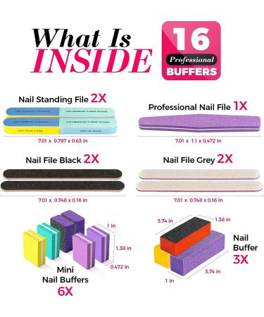 16 Pcs Nail Files & Buffers Set - OVLUX Professional & Home Nail Buffer Block Tool - Double Sided Grit Files for Natural Nails - 7 Step Nail Strips - Buy Online on GoSupps.com