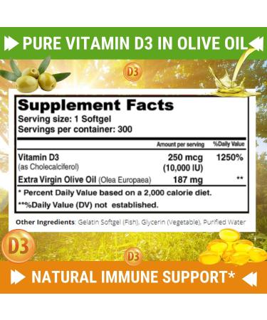 Premium Vitamin D3 10000 IU Infused with Olive Oil - 300 Softgels - Immune & Heart Health Support - Buy Online on GoSupps.com
