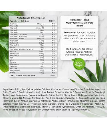 Teen Multivitamin | 120 Vegan Tablets | Immune System Booster | with Vitamins B D and E Calcium Iron and Zinc | Supplement for Teenage Boys and Girls | by Horbaach - Buy Online on GoSupps.com