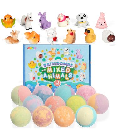 JOYIN Bath Bombs with Mixed Animal Toys for Kids 12 Packs Bubble Bath Bombs with Surprise Inside Natural Essential Oil SPA Bath Fizzies Set Easter Basket Stuffers for Boys Girls Birthday Gifts