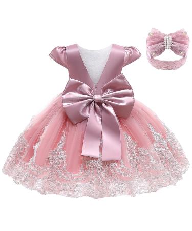 keaiyouhuo Baby Girls Lace Backless Tulle Princess Dresses Wedding Pageant Party Christening Dress with Bowknot Headwear 6-12 Months Bean Pink