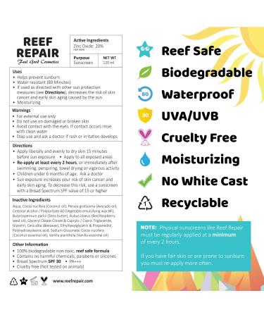 Reef Repair SPF 30+ All Natural Sunscreen 4 fl. Oz - Water Resistant, Biodegradable, Coral Friendly - Buy Online on GoSupps.com