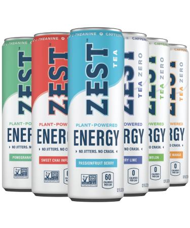 Zest Plant Powered Natural Energy Sparkling Drink - Variety-Pack - 150mg Caffeine + 100 mg L-Theanine - 12oz Can, 12 Pack - Low Sugar, 60 Calories, Healthy Coffee Substitute, Non GMO High Caff Blend Assorted 12 Fl Oz (Pack of 12)