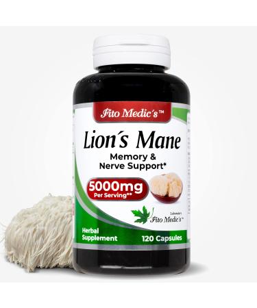 FITO MEDIC'S Lab - Lions Mane - 5000 mg per Serving 120 Capsules Lions Mane Supplement -Promotes Mental Clarity Focus and Memory Mushroom Supplement - Ultra high Absorption.
