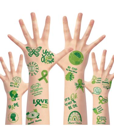 Haooryx 24Sheet Mental Health Awareness Tattoos Temporary Decoration Waterproof Green Ribbon Support Not Stigma Fake Tattoo Sticker for Adult Teens School Fundraiser Event Mental Health Handout Supply