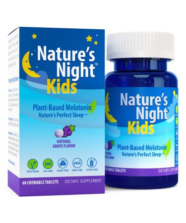 Nature's Night Kids | Plant Based Melatonin 1MG | Natural Grape Flavor | 60 Chewable Tablets | Gluten Free | Non-GMO | Drug Free | Vegan | 100% Natural |