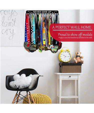 Premium 16 Medal Display Hanger - Never Give Up | Upgraded Wall Mounted Holder with 20 Hooks for Gymnastics, Soccer, Swim Medals - Buy Online on GoSupps.com
