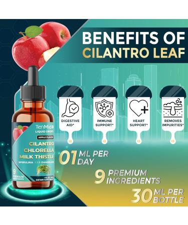 Tenmido 9in1 Cilantro Tincture - Herbal Extract Liquid Supplements with Chlorella Milk Thistle Spirulina Dandelion Burdock Root Curcumin Garlic and Ginger - 30ml 1 Fl Oz - Buy Online on GoSupps.com