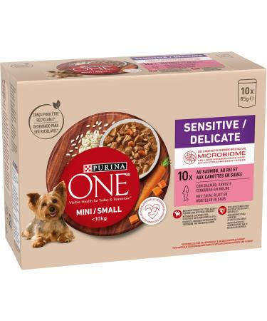 PURINA ONE Mini/Small 10kg Sensitive/Delicate Shredded Salmon Rice and Carrots in Sauce for Small Adult Dogs | Sensitive Digestion Meal Sachets 10x85g - Buy Online on GoSupps.com