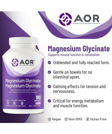 AOR Magnesium Glycinate 90mg 180 Capsules - Promotes Optimal Muscle Function & Metabolism - Vegan Magnesium Bisglycinate Supplement - Cardiovascular Support Muscle Comfort & Balanced Menstrual Cycles - Buy Online on GoSupps.com