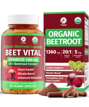 1 Body Beet Vital Organic Beetroot Capsules for Circulation Energy & Stamina Nitric Oxide Booster Beets Supplements with 1360mg Beetroot Extract Vegan Non-GMO - Beet Root Supplements 60 Count