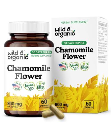 Wild & Organic Chamomile Capsules 800 mg - Relaxation & Digestive Support - Herb Chamomile Extract Supplement - Matricaria Recutita Flower - Vegan No Fillers Non-GMO - 60 Count 60 Count (Pack of 1)