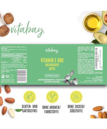 Buy Vitabay High-Dosed Vitamin E 600 IE - 100 Vegan Softgels with Tocopherol & Tocotrienol | Natural Vitamin E Supplements for Optimal Health - Buy Online on GoSupps.com