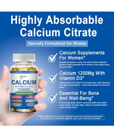 Calcium Supplements for Women - Calcium 1200 mg with Vitamin D3 & K2 - High Absorption Extra Strength Calcium Citrate for Bone Health Strength Density Muscle Heart Support - Slow Release Non-GMO - Buy Online on GoSupps.com