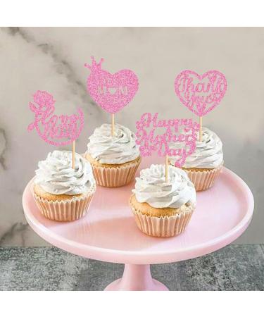Cyodoos 24 Pcs Happy Mothers Day Cupcake Toppers Glitter Cake Toppers Cupcake Heart Mother Happy Birthday Party Supplies Decorations Pink - Buy Online on GoSupps.com