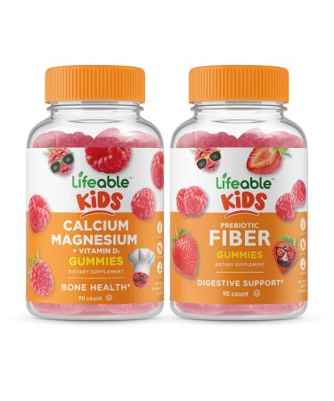 Lifeable Calcium Magnesium Kids + Prebiotic Fiber Kids Gummies Bundle - Great Tasting Vitamin Supplement Gluten Free GMO Free Chewable Gummy