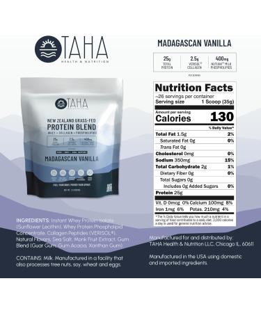 Taha Health & Nutrition Mind+Body+Soul Protein Blend - Madagascan Vanilla | 25g Protein from Grass-Fed Whey & Collagen | 400mg Milk Phospholipids | 2LB (Free-Range Dairy International Shipping - Buy Online on GoSupps.com