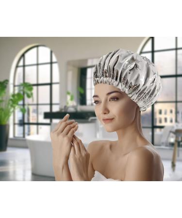 Satin Lined Shower Cap for Women - Large Adjustable Sleep Bonnet with Silky Satin Inner Layer - Waterproof Outer Layer - Special Pattern Printing - White Design - Pack of 1 - Buy Online on GoSupps.com