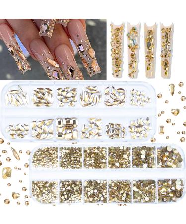 2120Pcs Champagne Gold Crystal Nail Rhinestones Round Beads Flatback Glass Gems Stones Multi Shapes Sizes Gold Rhinestones Nail Crystals for Nail DIY Crafts Clothes Shoes Jewelry S4-Champagne Gold