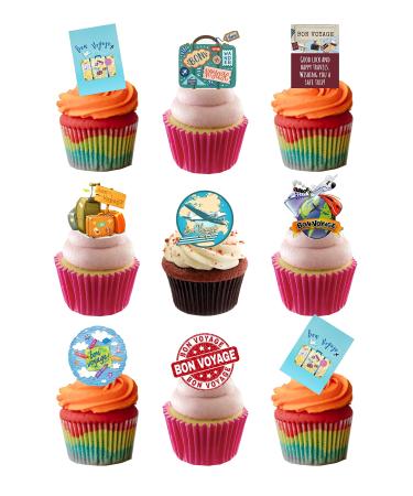 24 Stand Up Bon Voyage Travel Adventure Themed Edible Wafer paper Cake Toppers Decorations