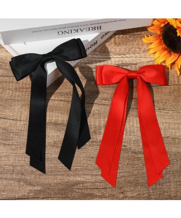 2PCS Silky Satin Hair Bows Hair Clip Black Hair Ribbon Ponytail Holder Accessories Slides Metal Clips Hair Bow for Women Girls Toddlers Teens Kids Black+Red - Buy Online on GoSupps.com
