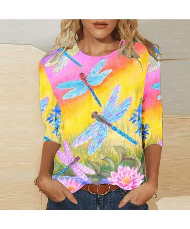 2024 Women's 3/4 Length Sleeve Casual Summer Blouses | Floral Printed Crewneck Tops - Loose Fit Pullover - Buy Online on GoSupps.com