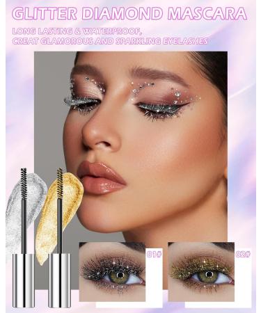 Glitter Diamond Mascara 2 Colors Silver Gold Colored Shimmer Mascara Long Lasting Waterproof Smudge-proof Sparkly Mascara Voluminous & Thickening Eyelashes Makeup for Women Party Stage Use-01+02 - Buy Online on GoSupps.com