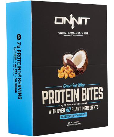 Onnit Protein Bites (Chocolate Coconut Cashew - Box of 24) | Made with Grass Fed Whey & over 60 Plant Ingredients | 7g Protein Per Bar