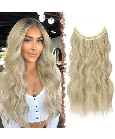 FESHFEN Invisible Wire Hair Extensions with Transparent Wire Adjustable Size with 2 Secure Clips Synthetic Hair Piece Long Wavy Secret Headband Hairpieces for Women 16 Inch Ash Blonde