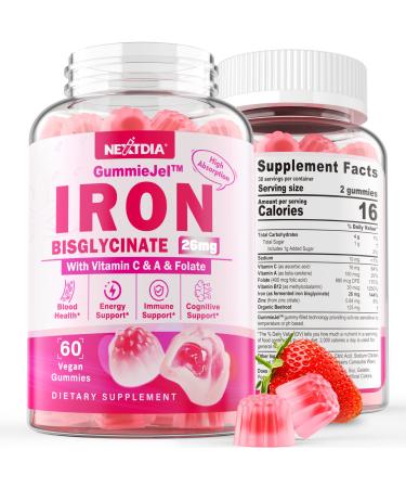 Iron Gummies 26mg - Iron Bisglycinate Supplement Filled Gummies with Vitamin C A B12 Folate & Beetroot for Support Blood Health Energy Immune - Iron Supplement for Women & Men Vegan Strawberry Flavor