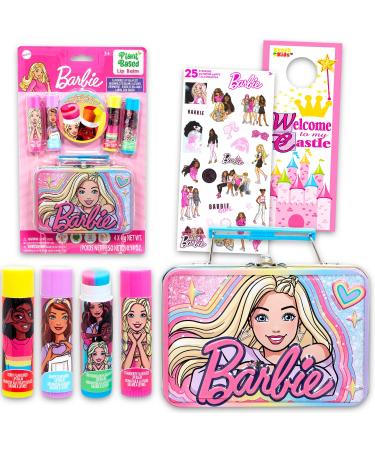 Barbie Lip Balm Set - Bundle with 4 Moisturizers with Swirl Flavors Carrying Tin Stickers and More | Barbie Lip Balm Kit for Kids