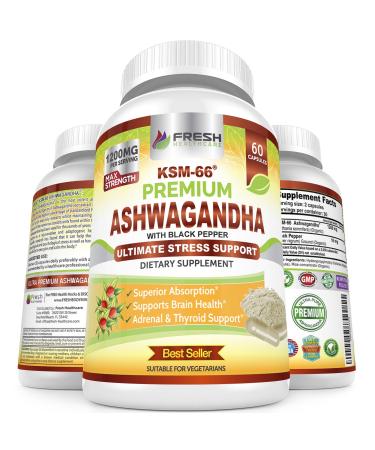 Ashwagandha KSM-66 by Fresh Healthcare, 1200mg Pure and Potent Root Extract Supplement with Natural Black Pepper for High Absorption, Vegan - 60 Capsules