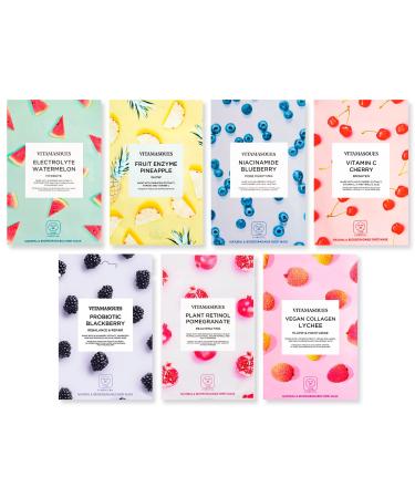 Vitamasques Face Masks Skincare Sheet Kit, 7-Pack - Juicy Collection of Triple-Layer Sheet Facial Masks - Pore Purifying, Brightening, and Hydrating Face Mask Skin Care - Boost your Skincare Routine Juicy 7 Pack Fruit Face Mask Set