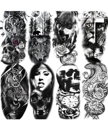 XIYOKA 72 Sheets Temporary Tattoos - 12 Large Black 3D Realistic Forearm Half Sleeve Tiger Lion Wolf Skeleton & Skull Halloween Fake Tattoos - Buy Online on GoSupps.com
