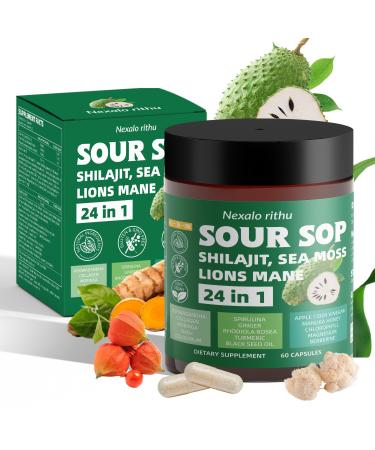 Soursop Capsules 24-in-1 Soursop Bitters & Herbal Soursop Supplement with Sea Moss Moringa Rhodiola Rosea Shilajit & Ashwagandha for Gut Support Energy Immune & Digestive Support Non-GMO Organic