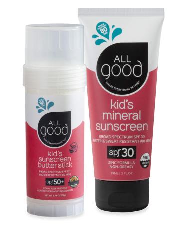 All Good Baby & Kids Mineral Face & Body Sunscreen - UVA/UVB Broad Spectrum, Coral Reef Friendly, Water Resistant, Zinc Oxide - SPF 50 Butter Stick & SPF 30 Lotion 2 Piece Set