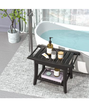 Bamboo Shower Stool Bench Waterproof with Storage Shelf for Shaving Legs or Spa Bath Seat in Bathroom & Inside Shower for Adults Seniors Elderly (24 x 13.4 x 18.5 inches+Black) - Buy Online on GoSupps.com